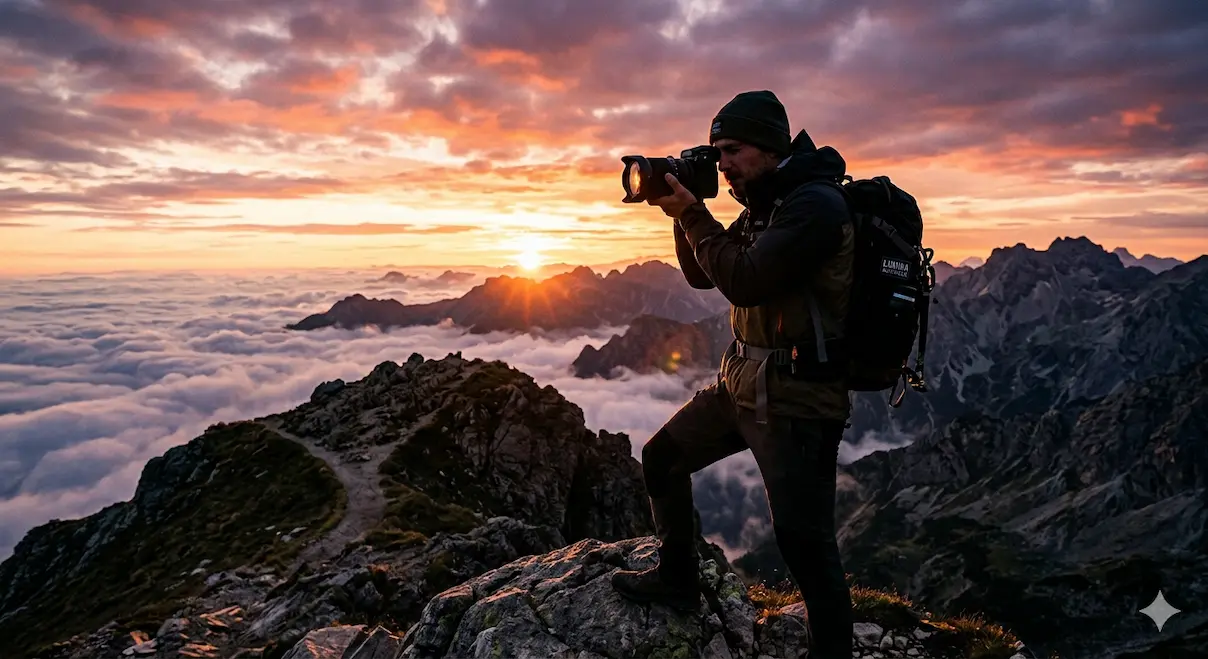 Photographer on mountain peak at sunrise